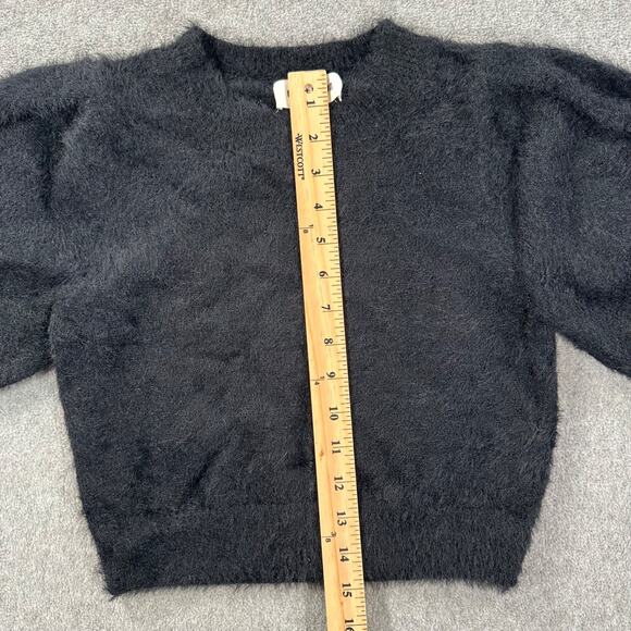 Day + Moon Fuzzy Cropped Sweater Top Size Small Black Short Puff Sleeve Crew Nec - Picture 5 of 9